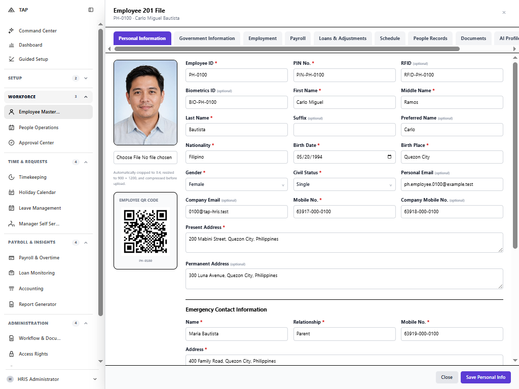 TAPIT digital Employee 201 screen showing employee details and HR records